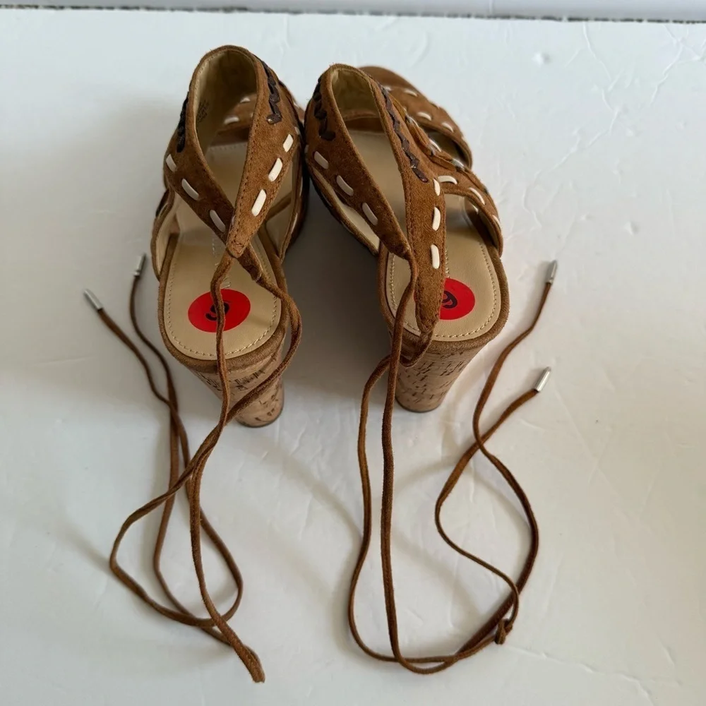 Boho Brown Tan Wedge Cork Platform Heel Sandals Ankle Strap Women Size 6